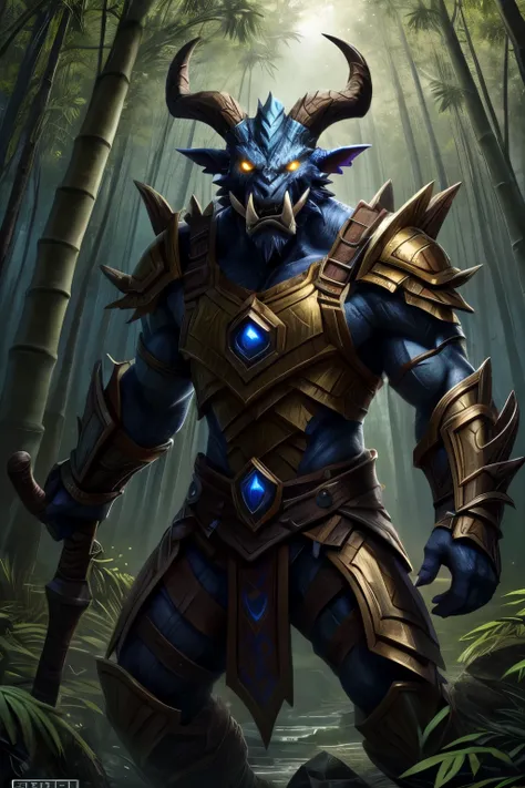 HEZI, Hearthstone, armor, glowing, 1boy, solo, male focus, glowing eyes, horns, weapon, nature, teeth, forest, monster, yellow eyes, spikes, helmet, tusks, outdoors, holding, colored skin, tree, looking at viewer, gauntlets, no humans, sharp teeth, blue sk...