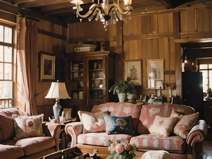 there is a couch and a table in a room, cottagecore!!, cottage decor, dreamy and detailed, lavishly decorated, in a living room, cottagecore, with soft pink colors, in romantic style, cottagecore hippie, lots of decoration and furniture, retro vintage and ...