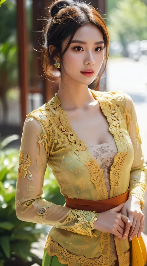 1 Indonesian girl, 25 years old, elegan Bun fashion hair, slim body, small cleavage, skintight beige green turkish lace kebaya, batik skirt, masterpiece, highly detailed, ultra hd, 8k, detailed face, bright eyes, perfect eyes, detailed skin texture, detail...