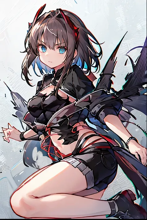 [ high quality] Wiš'adel  (Arknight)  small dark blue horns , turquoise blue eyes, long hair tied in a ponytail,  dark brown hair ,  very large breasts, dagger in the hand in defense position ,  shorts with a chain around the hips, short shirt, turquoise b...