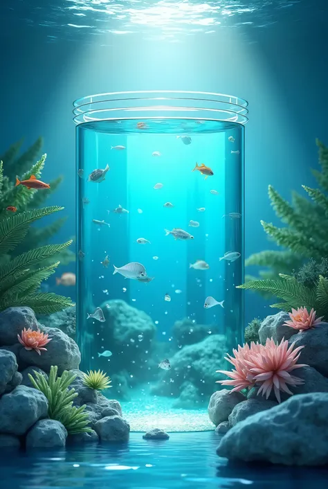 An aquarium with crystal clear water in an environment with the same colors that combine perfectly in shades of blue and green mixed 