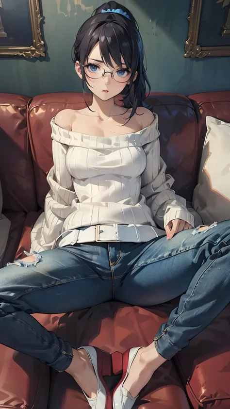 anime - style illustration of a woman in a off shoulder (ultra small sweater:1.5), ultra fit skinny jeans, anime character, official character art, full body, female anime girl, (black ponytail:1.5), (tanned:1.0), glasses, large breasts, in the private roo...