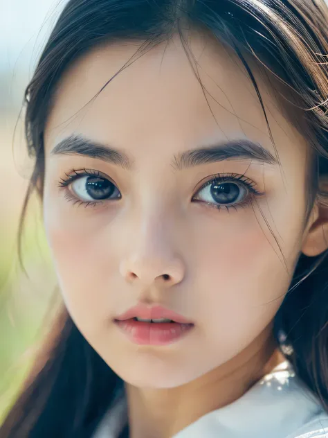 (((32ｋ, high details, high detail、masterpiece,  attention to detail , alone))), RAW photos in the loop &   realistic atmosphere, beautiful dark blue eyes ,Detailed mouth, glossy lips, thin eyebrows, beautiful eyes、 Soft white skin that shines in every deta...