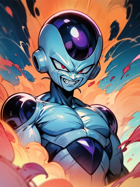 solo,upperbody,frieza,evil grin, best quality, top quality, best quality, like a painting, watercolor painting style, The Art of Mathematics, Official Art, Masterpiece, beautiful, ((watercolor)), paint splashes, complex details. very detailed, [Drooping:0....