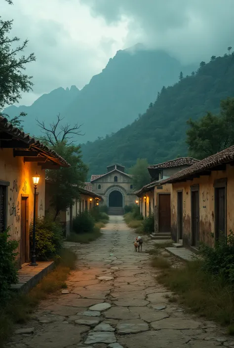  A secluded rural Mexican village, shrouded in an eerie morning mist, rests at the edge of a dense, ancient forest. Cracked dirt roads wind through the town, flanked by weathered adobe houses with tiled roofs, their faded walls covered in creeping vines an...