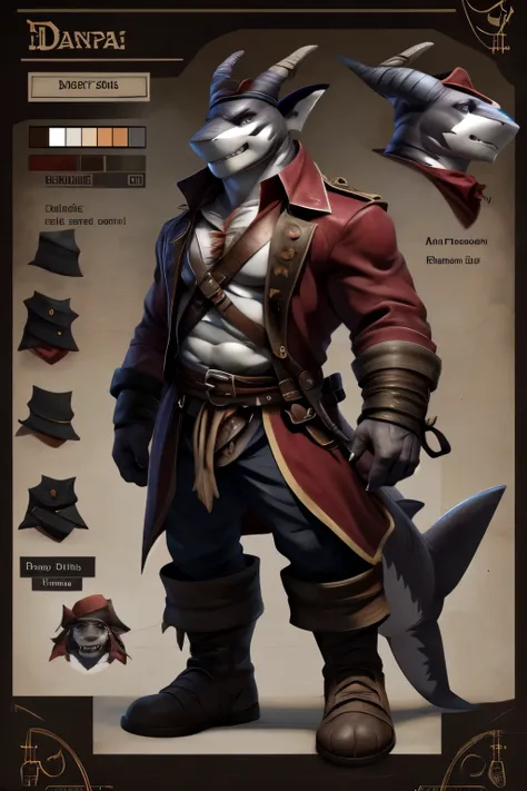 character design, character sheet, hi-res, good graphics, great anatomy, anatomically correct, detailed body. Demeus (male, 43, demon/shark(anthro/furry), Pirate). (by dangpa, nullghost)