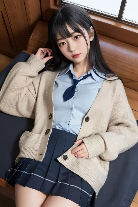  greatest masterpiece in history、( top quality:1.4)、 1girl 、(nsfw)、 Super Detail、whole body　 black hair　 small face、 thin body on the face、Thin neck、Thin arms、 long foot、 thin legs 、Toes、Big Feet　 Japanese schoolgirl uniform 、 big cardigan 、 big size cardi...