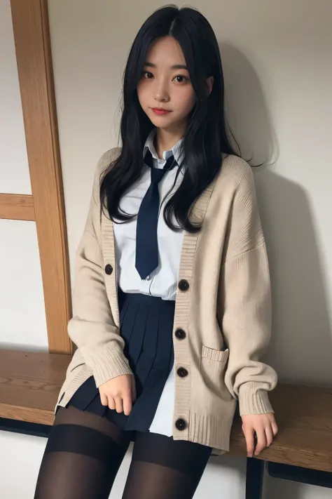  greatest masterpiece in history、( top quality:1.4)、 1girl 、(nsfw)、 Super Detail、whole body　 black hair　 small face、 thin body on the face、Thin neck、Thin arms、 long foot、 thin legs 、Toes、Big Feet　 Japanese schoolgirl uniform 、 big cardigan 、 big size cardi...