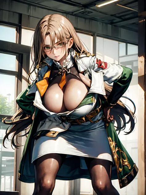   score_9,   score_8_  up the side,   score_7_  up the side,   score_6_  up the side,   source_Anime,
 Masterpiece,   top quality , Jenna Butt , Glass, Green coat,  Orange Necktie , belt,     white skirt  ,  brown gloves,   pantyhose,   huge breasts  ,    ...