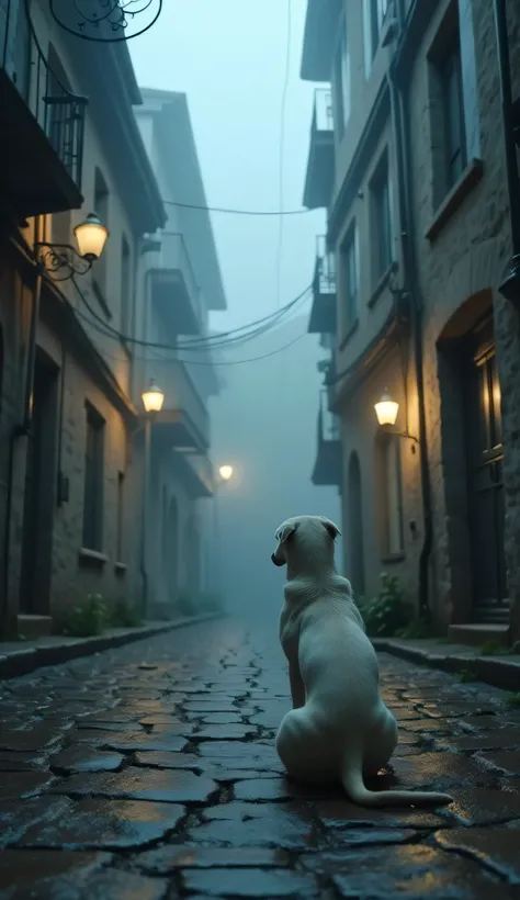 It's a foggy evening in an old town where narrow alleyways twist between weathered buildings. Streetlights flicker, casting eerie shadows on the cracked pavement
The white puppy sits beside its father white dog, its tail wagging as it watches the man, a hu...