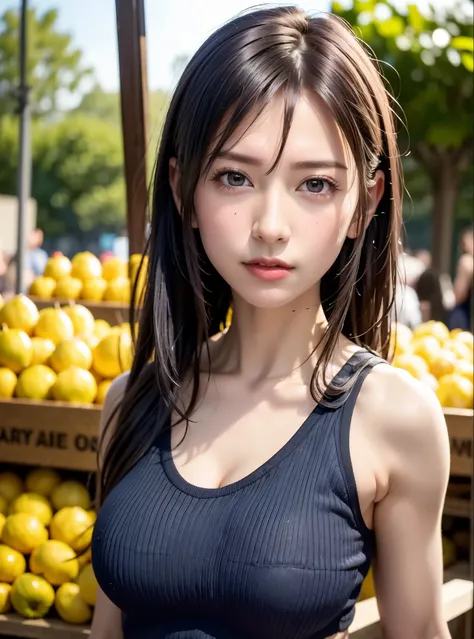 (extremely detailed CG unity 8k wallpaper), photo of the most beautiful artwork in the world, 8k uhd, realistic photo, a photo of 22 year girl wearing High-waisted shorts and a tucked-in tank top, High Ponytail with Scarf ,A stall in the fruit market with ...