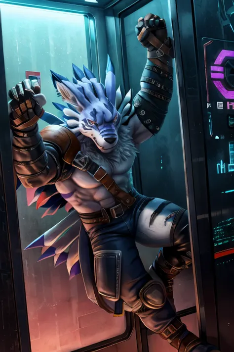 furry weregarurumon, muscular, cyberpunk, night, leather arms and hands glove, leatherl legs and riding boots, behind the light, leather pants, anime, elevator door, window, looking, tower, digimon, 4K