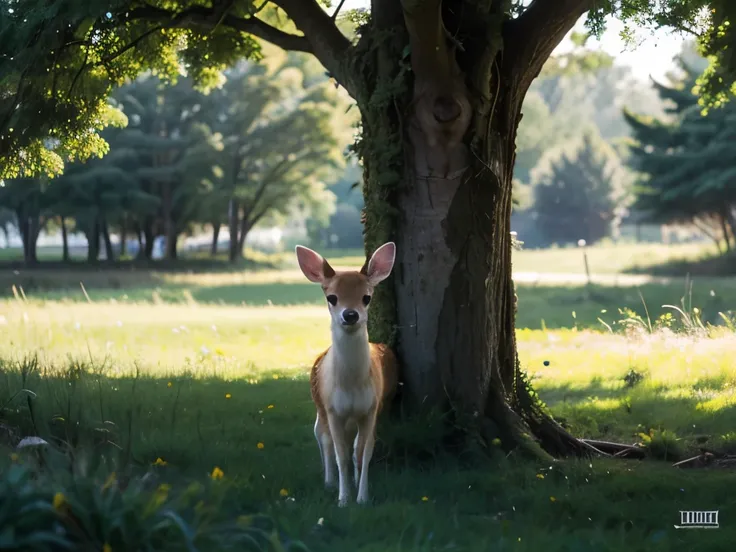 there is a small fawn standing in the grass near a tree, a picture by Jesper Knudsen, tumblr, renaissance, the cutest creature in the world, cute animal, beautiful and cute, cute and adorable, the cutest creature of the world, lovely and cute, cute and lov...