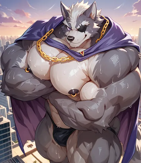 kemono, by null-ghost, by zixiong, solo, male, wolf o'donnell, black eye patch, purple pupil, anthro, black nipples, big nipples, gold nipple rings, sweaty, handsome, broad chest, broad shoulders, huge body, huge muscular, black thong, posing, bedroom eyes...