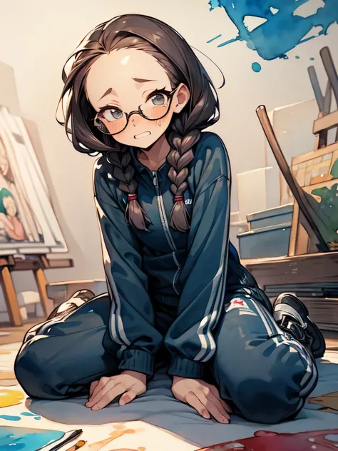 nsfw,side dutch angle,Alone,( wariza),( strap slip:1.3 track suit), perfect anatomy ,20years old,black 2braids,forehead,glasses,cute face,embarrassed orgasm,chestnut mouth, oiled skin, best quality, top quality, best quality, like a painting, watercolor pa...