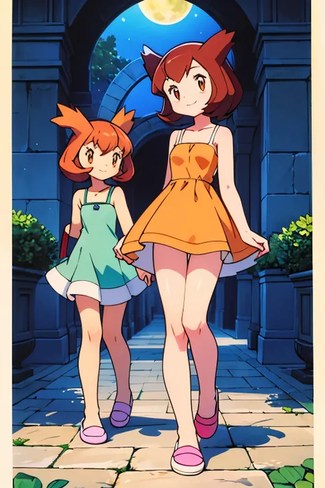 masterpiece, best quality, ultra-detailed, illustration, beautiful detailed eyes, very detailed illustration, cinematic lighting, 2. Girls, Pokemon Heroes (Bianca), Brown Hair, brown eyes, , sleeveless, collarbone, orange Camisole dress, orange dress, intr...