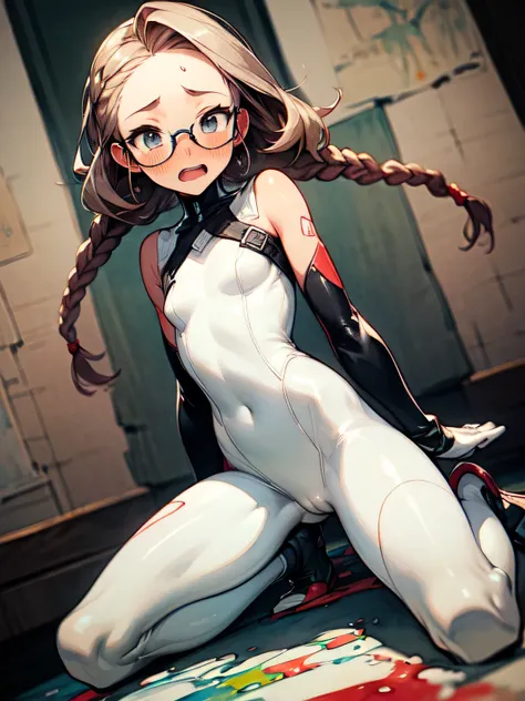 nsfw,side dutch angle,Alone,( wariza),( strap slip:1.3 bodysuit), perfect anatomy ,20years old,black 2braids,forehead,glasses,cute face,embarrassed orgasm,chestnut mouth, oiled skin, best quality, top quality, best quality, like a painting, watercolor pain...