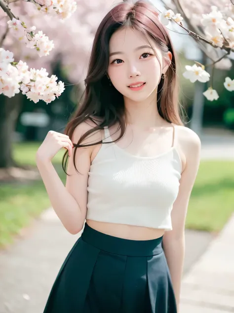 Depict a 20-year-old, very beautiful woman standing under a row of fully bloomed cherry blossom trees. She is dressed in a classic black-and-white sailor-style outfit with a short hem. Her cheeks are slightly flushed, and she is smiling gently, radiating a...