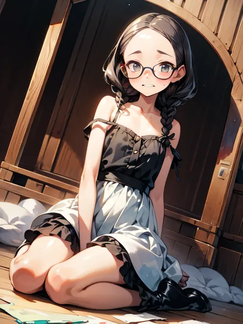 nsfw,side dutch angle,Alone,( wariza),( strap slip:1.3 petticoat), perfect anatomy ,20years old,black 2braids,forehead,glasses,cute face,embarrassed orgasm,chestnut mouth, oiled skin, best quality, top quality, best quality, like a painting, watercolor pai...