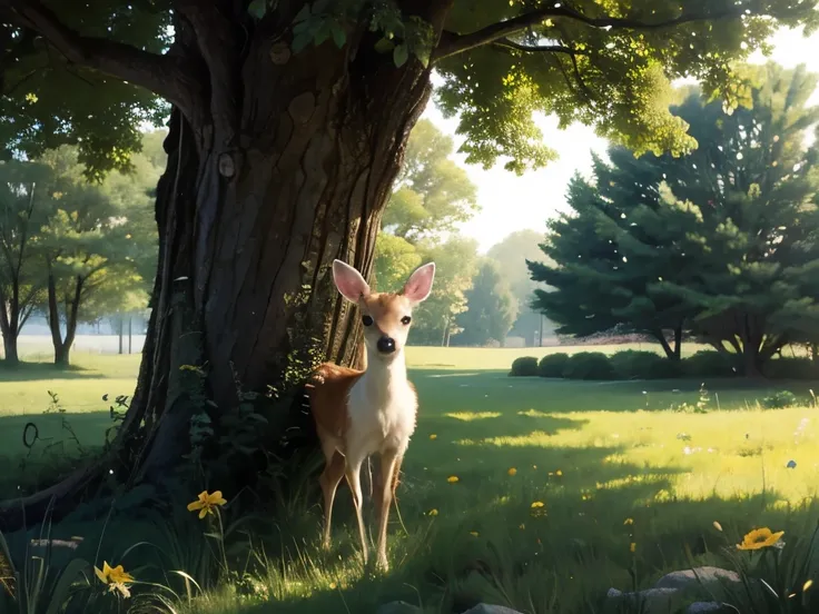 there is a small fawn standing in the grass near a tree, a picture by Jesper Knudsen, tumblr, renaissance, the cutest creature in the world, cute animal, beautiful and cute, cute and adorable, the cutest creature of the world, lovely and cute, cute and lov...