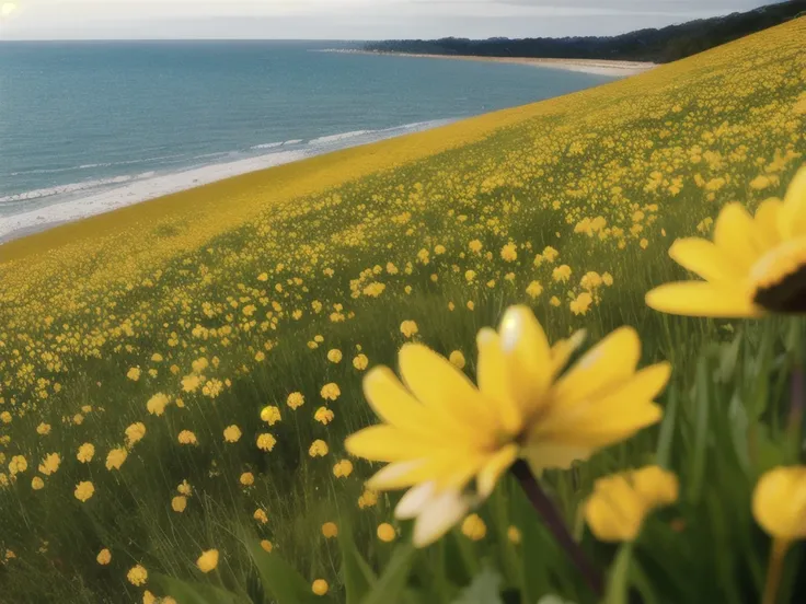 yellow flowers are growing in the grass near the ocean, flowers sea everywhere, flowers sea rainning everywhere, with yellow flowers around it, trending photo, yellow flowers, flowers in foreground, wildflowers and grasses, vegetation and flowers, yellow a...