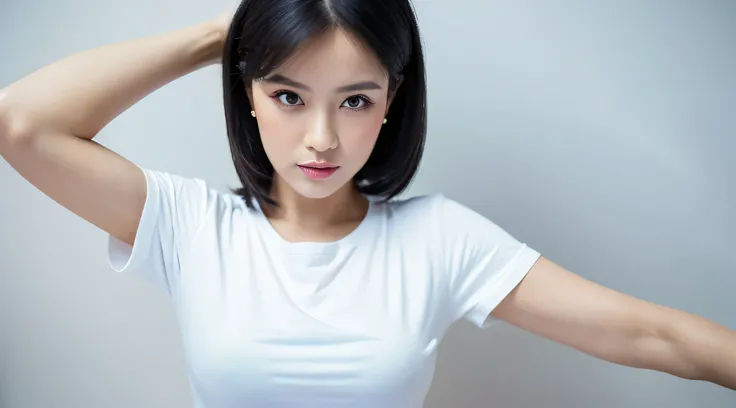 ((best quality, 8k, masterpiece:1.3,waist up)),sharp focus:1.2, 1girl ,((waist up)), Beautiful lady with Perfect Figure, Vivid, (white) color  t shirts, black hair,studio background,normal breast,