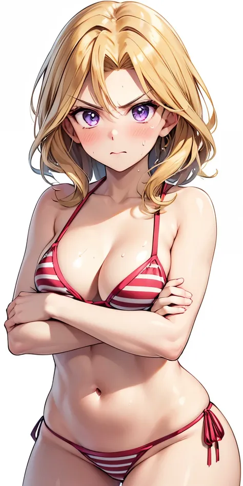 1 Female,High definition,high resolution,Ultra-realistic,8K,kujaku mai, blonde hair, purple eyes, breasts, blush , striped bikini, red bikini,European,sexy,Photographed from the front,Dynamic Angles,blush, (medium tits),(cleavage),cute face, facial, sweat,...