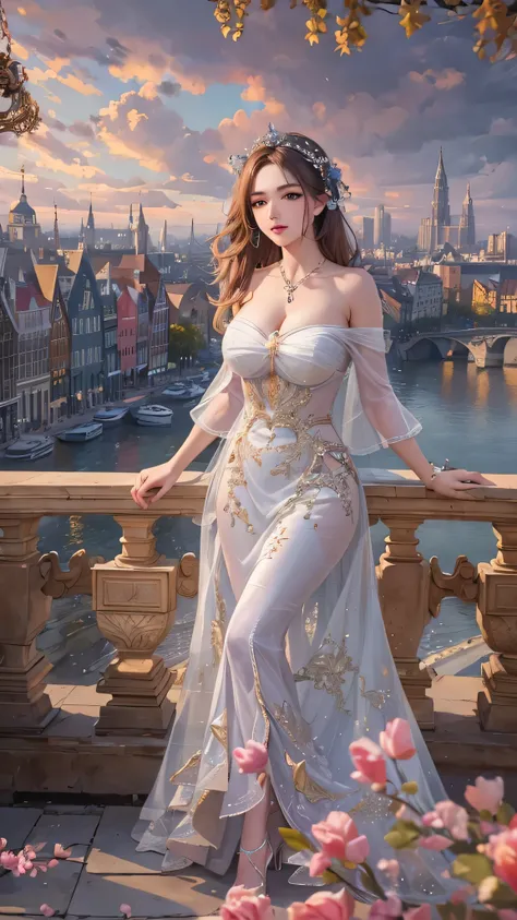 masterpiece,  top quality, oil,  Super Detail,  fine detail,  high resolution, 8k wallpaper,  perfect dynamic composition,  beautiful detailed eyes,  Natural Lips,  dress、Dutch cityscape。