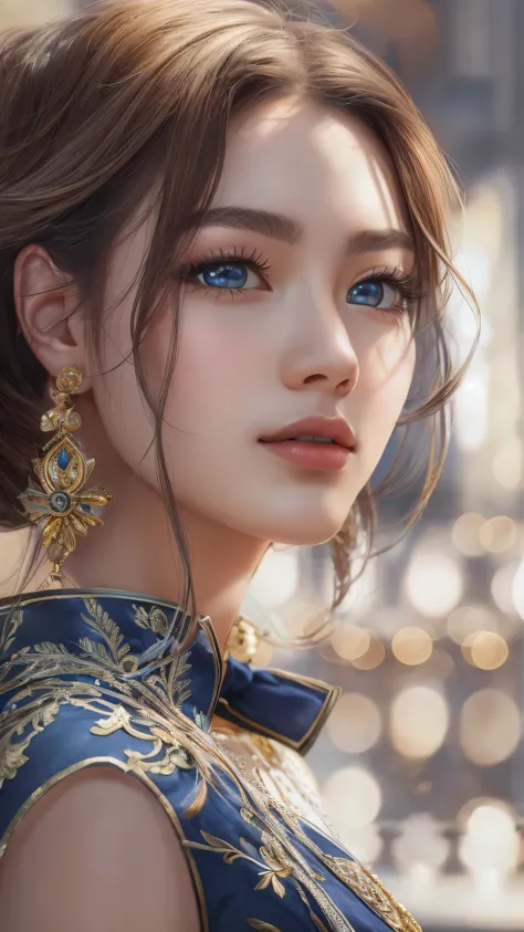 masterpiece,  top quality, oil,  Super Detail,  fine detail,  high resolution, 8k wallpaper,  perfect dynamic composition,  beautiful detailed eyes,  Natural Lips, Navy Blue Dress、Milan cityscape。