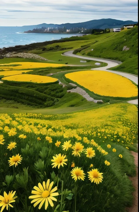 yellow flowers are growing in the grass near the ocean, flowers sea everywhere, flowers sea rainning everywhere, with yellow flowers around it, trending photo, yellow flowers, flowers in foreground, wildflowers and grasses, vegetation and flowers, yellow a...