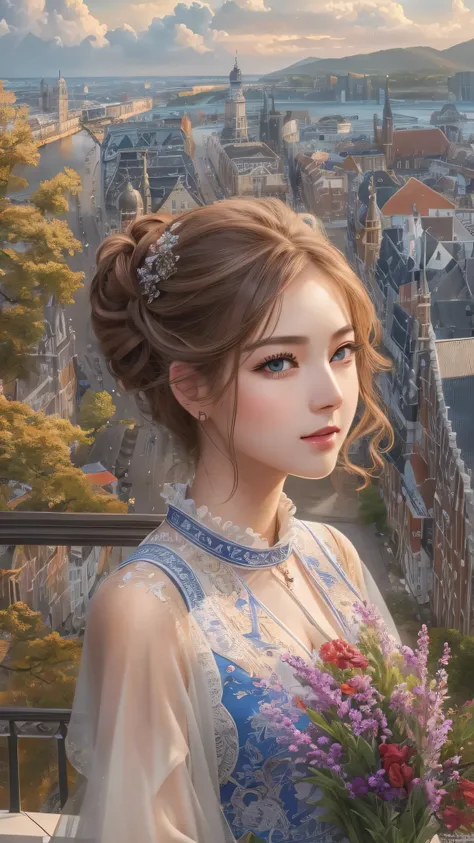 masterpiece,  top quality, oil,  Super Detail,  fine detail,  high resolution, 8k wallpaper,  perfect dynamic composition,  beautiful detailed eyes,  Natural Lips,  dress、Dutch cityscape。