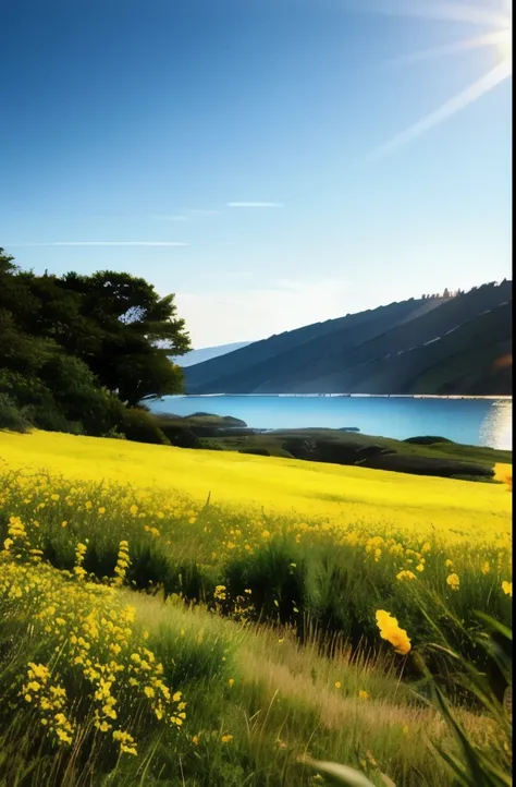 yellow flowers are growing in the grass near the ocean, a picture by David Simpson, pixabay, figuration libre, flowers sea everywhere, flowers sea rainning everywhere, with yellow flowers around it, trending photo, yellow flowers, flowers in foreground, wi...