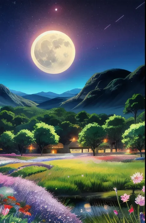 night sky with stars and flowers, field of flowers at night, night sky full of flowers, field of fantasy flowers, anime beautiful peace scene, beautiful anime scene, moonlight shining on wildflowers, magical flowers, beautiful anime scenery, luminous flowe...