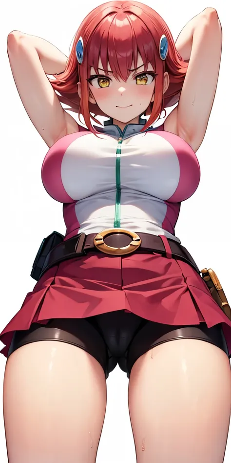 1 Female,High definition,high resolution,Ultra-realistic,8K,Annadef, 1girl, solo, multicolored hair, two-tone hair, hair ornament, yellow eyes, short hair, pink hair, red hair, orange hair, large breasts, breasts, 
smile, shorts, sleeveless, belt, black sh...