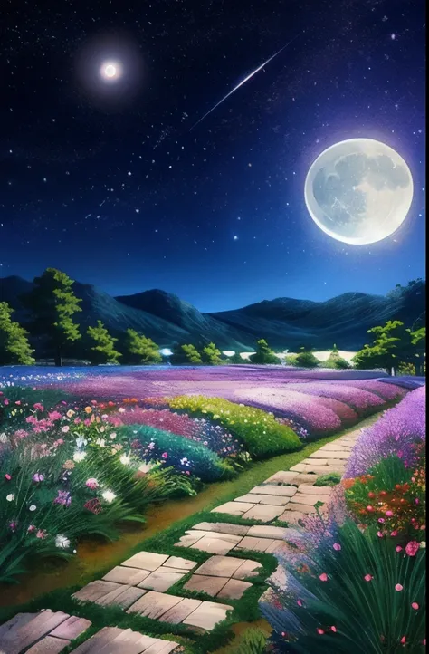 night sky with stars and flowers, field of flowers at night, night sky full of flowers, field of fantasy flowers, anime beautiful peace scene, beautiful anime scene, moonlight shining on wildflowers, magical flowers, beautiful anime scenery, luminous flowe...