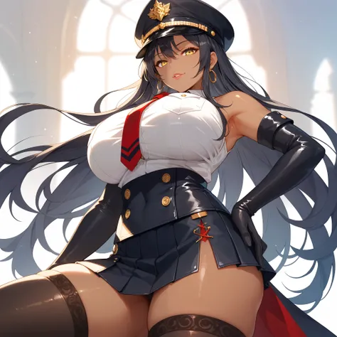 elbow gloves, breasts, dark skin, gloves, 1girl, dark-skinned female, necktie, armpits, hat, long hair, yellow eyes, black gloves, skirt, thighhighs, hand on hip, huge breasts, thighs, black legwear, looking at viewer, shirt, peaked cap, sleeveless, solo, ...