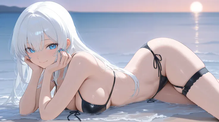 Masterpiece, top quality , high resolution, girl,smile,White hair color, long hair, separate swimsuit, 1 garter ring, blue eyes,Nail Art,summer, in the ocean, Japanese illustration style