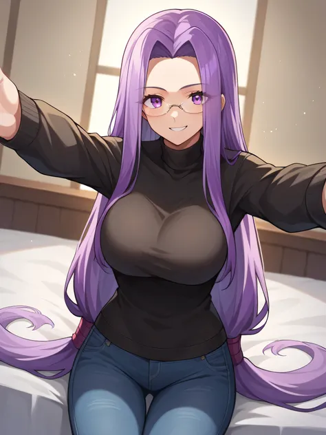 score_9, score_8_up, score_7_up, source_anime,
medusarider, medusa rider, long hair, very long hair, purple hair, smile,
long sleeves, purple eyes, glasses, pants, sweater, turtleneck, denim, low-tied long hair, jeans, black sweater, 
looking at viewer, co...