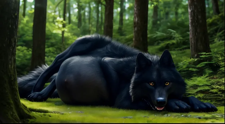 solo, high resolution, detailed, digital media \(artwork\), detailed fur, spittle, quadruped, (feral), (((big belly))), rumbling stomach, ((detailed background)), a lush green forest, ((vore)), (black fur), male, (standing), fluffy, furry, ((wolf)), (intri...