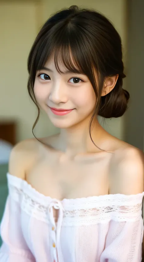 masterpiece,best quality,(Japanese girl),((Beautiful girl)),cleavage,(off shoulder:1.2),(perfect body beauty:1.2),(shy smile),From slightly above