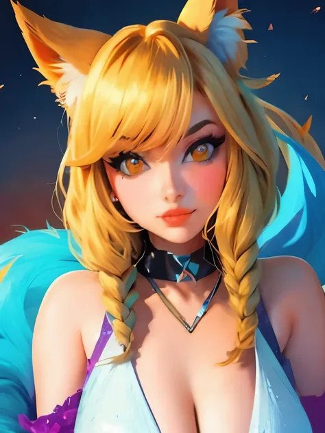 k/da_ahri, 1girl, ahri (league of legends), breasts, animal ears, blonde hair, solo, fox ears, k/da (league of legends), long hair, cleavage, tail, whisker markings, looking at viewer, facial mark, choker, large breasts, bare shoulders, fox tail, jewelry, ...