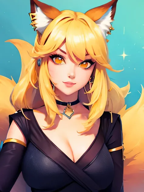 k/da_ahri, 1girl, ahri (league of legends), breasts, animal ears, blonde hair, solo, fox ears, k/da (league of legends), long hair, cleavage, tail, whisker markings, looking at viewer, facial mark, choker, large breasts, bare shoulders, fox tail, jewelry, ...