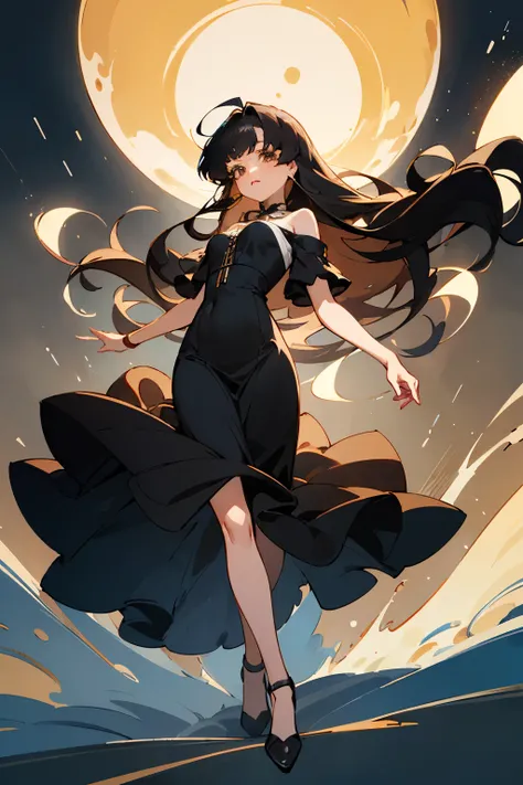 ((best quality)), ((masterpiece)), (detailed),Full body anime girl wiht long black hair and bangs and puff fancy black dress and white end to the dress with brown eyes and clean style and vintage 90s anime style fancy glow unique 