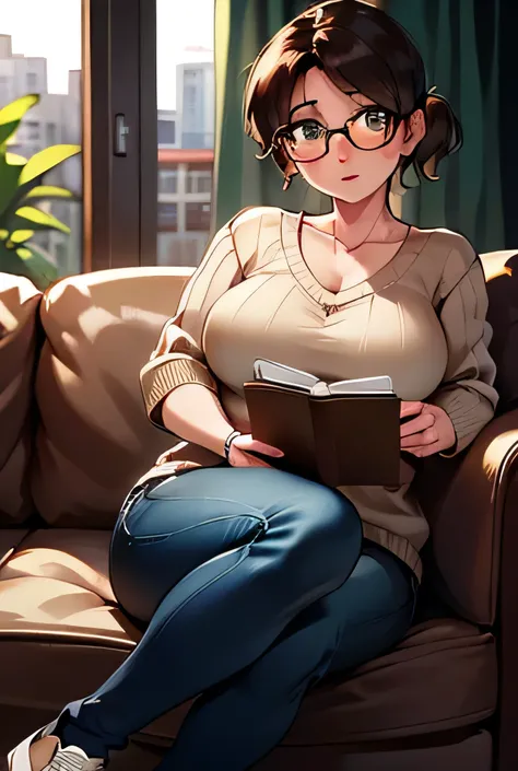 a nerdy girl,1girl,mature,woman, adult,older, about 40 years old,resembles Cass Hamada,glasses,braces,messy brown hair,high ponytail,cute freckles,oversized sweater,large breasts,skinny jeans,converse sneakers,holding a book,reading a book,geeky,cute nerd,...