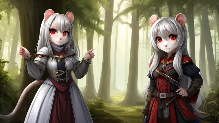 A Furry hamster girl with soft silver fur and flowing silver hair, and bright red eyes, dressed in fantasy clothes, standing against a forest background.