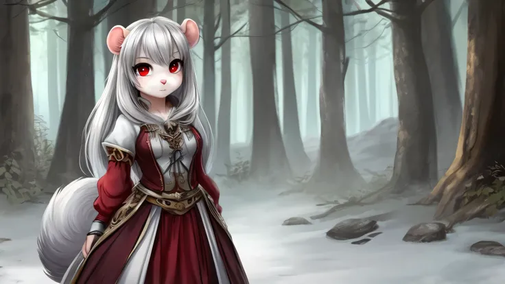 A Furry hamster girl with soft silver fur and flowing silver hair, and bright red eyes, dressed in fantasy clothes, standing against a forest background.