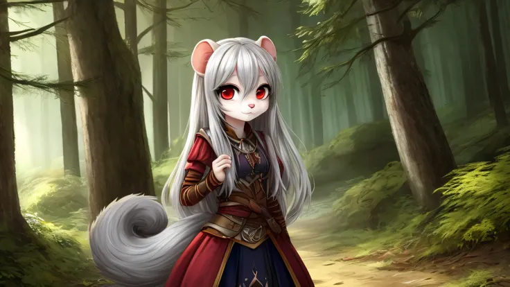 A Furry hamster girl with soft silver fur and flowing silver hair, and bright red eyes, dressed in fantasy clothes, standing against a forest background.