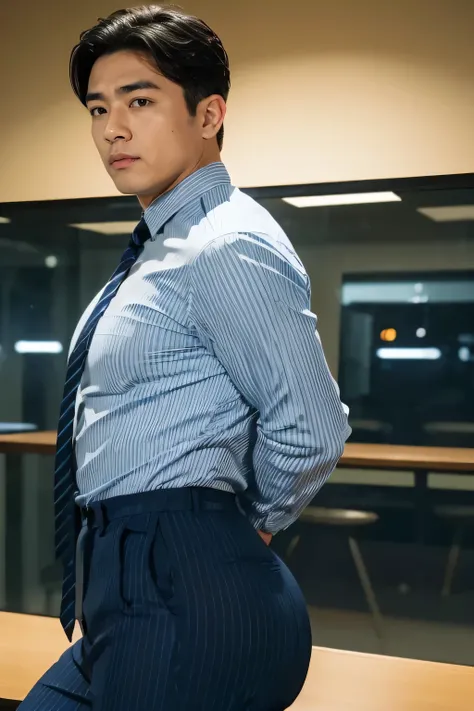 40-year-old boy ,Korean bulky male officer ,Wear navy blue police uniform shirt................ pinstripe navy blue smooth tight trouser, transparent pants obvious underwear print ,((unrealistic super big tight butt wearing pants)), legs wide open, legs on...