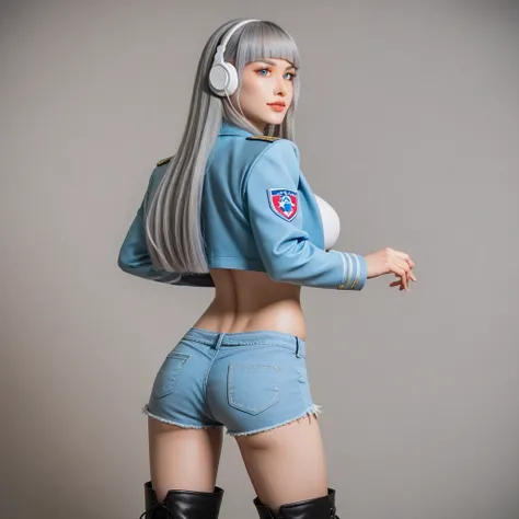 ((Gray Hair))、(Yellow inner hair),  best quality 、 (  professional lighting without shadows  )、  surreal, (Nipples:0.4),  fascinating、 figure like a slender supermodel、 one girl ,, ( big breasts, Belly button exposed), ( arched ,  Beautiful Skin )), (明るい a...