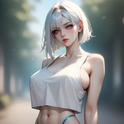 ((Thick dark hair ))、(White inner hair ),  top quality、 Masterpiece、(  professional lighting )、  surreal、  attractive、 figure like a slender supermodel 、  One Girl , ( character in foreground, blurred background) ), ( Slightly Bigger Breasts, belly button)...